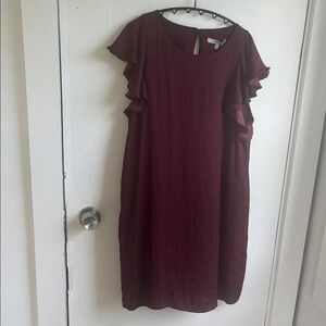 Elegant Burgundy Naked Zebra Ruffle Sleeve Dress Size Large